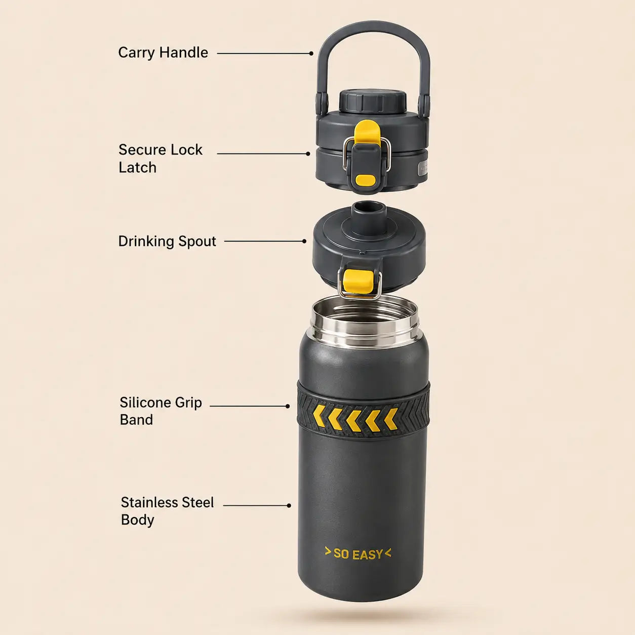 750ml Stainless Steel Thermal Water Bottle with Safety Lock & Handle