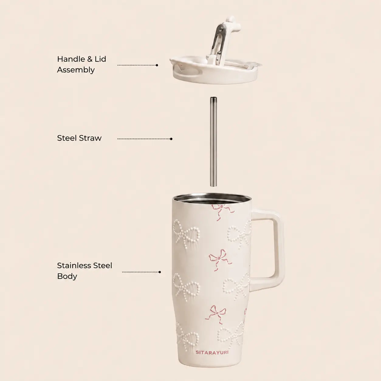 Sitarayuri Coquette Bow Stainless Steel Tumbler with Handle & Straw – 40oz