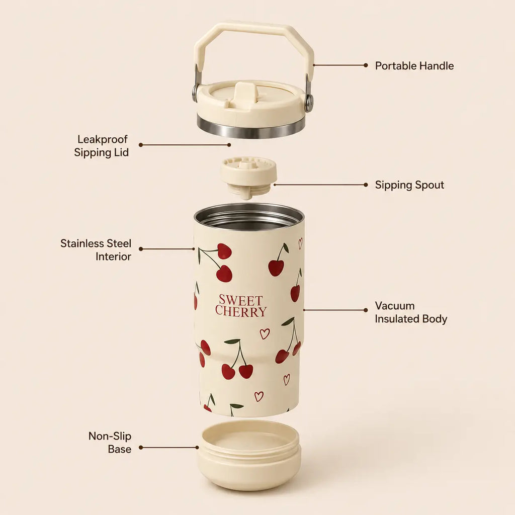 Sweet Cherry Stainless Steel Tumbler with Handle & Straw – 30oz (900ml)
