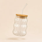 Bowknot Wavy Glass Tumbler with Bamboo Lid & Glass Straw – 450ml