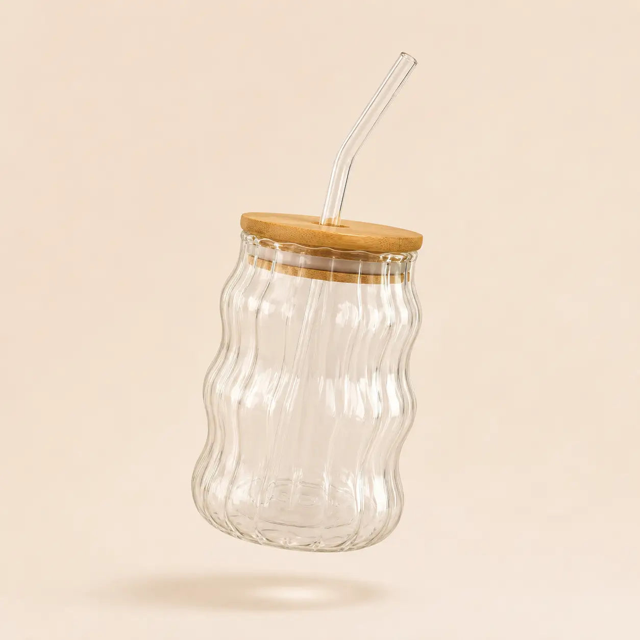Bowknot Wavy Glass Tumbler with Bamboo Lid & Glass Straw – 450ml