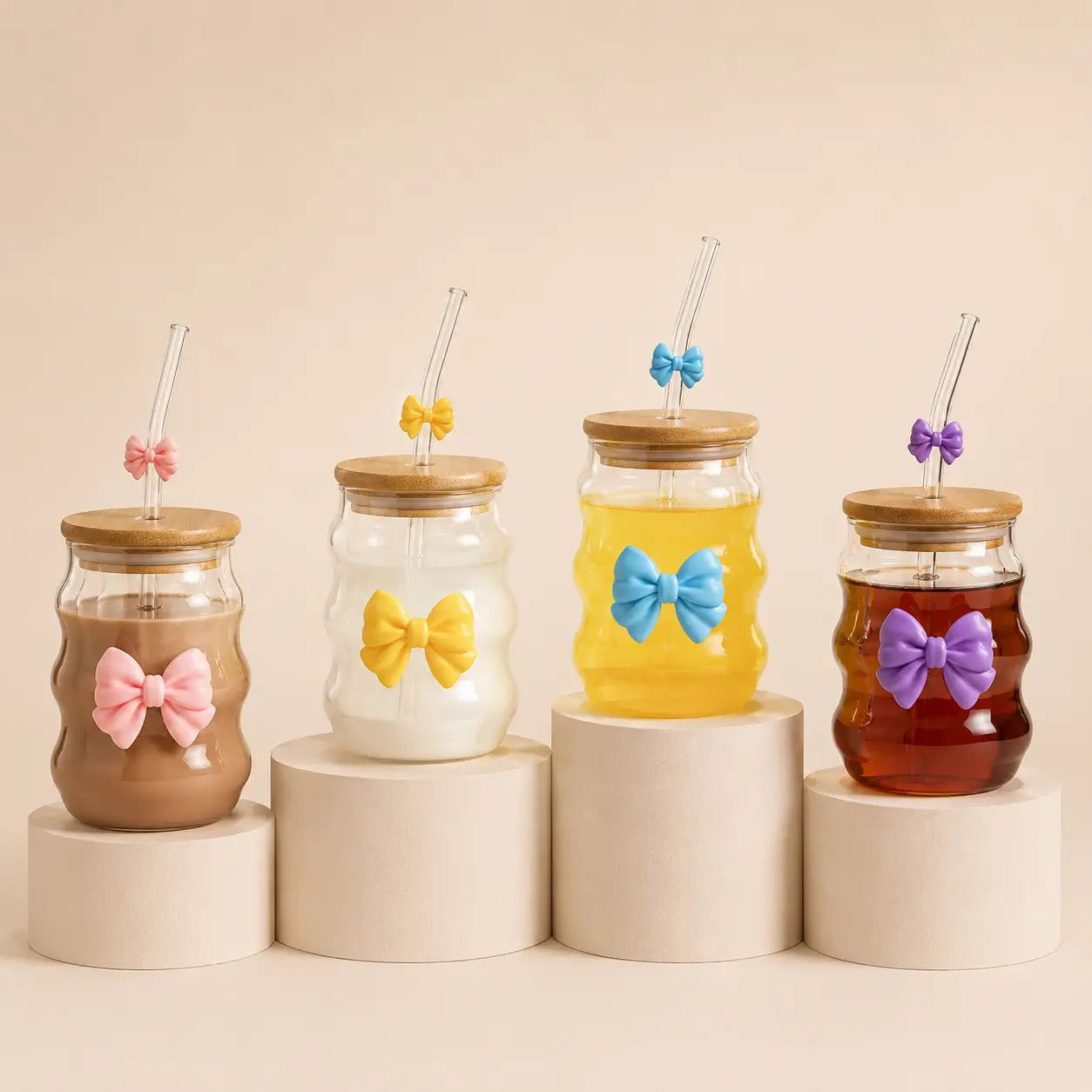 Bowknot Wavy Glass Tumbler with Bamboo Lid & Glass Straw – 450ml