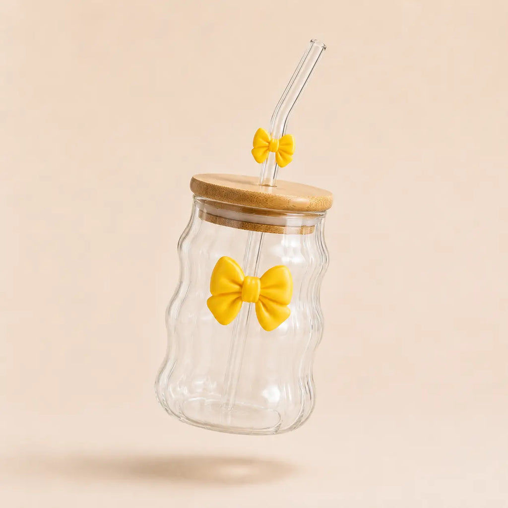 Bowknot Wavy Glass Tumbler with Bamboo Lid & Glass Straw – 450ml