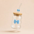 Bowknot Wavy Glass Tumbler with Bamboo Lid & Glass Straw – 450ml
