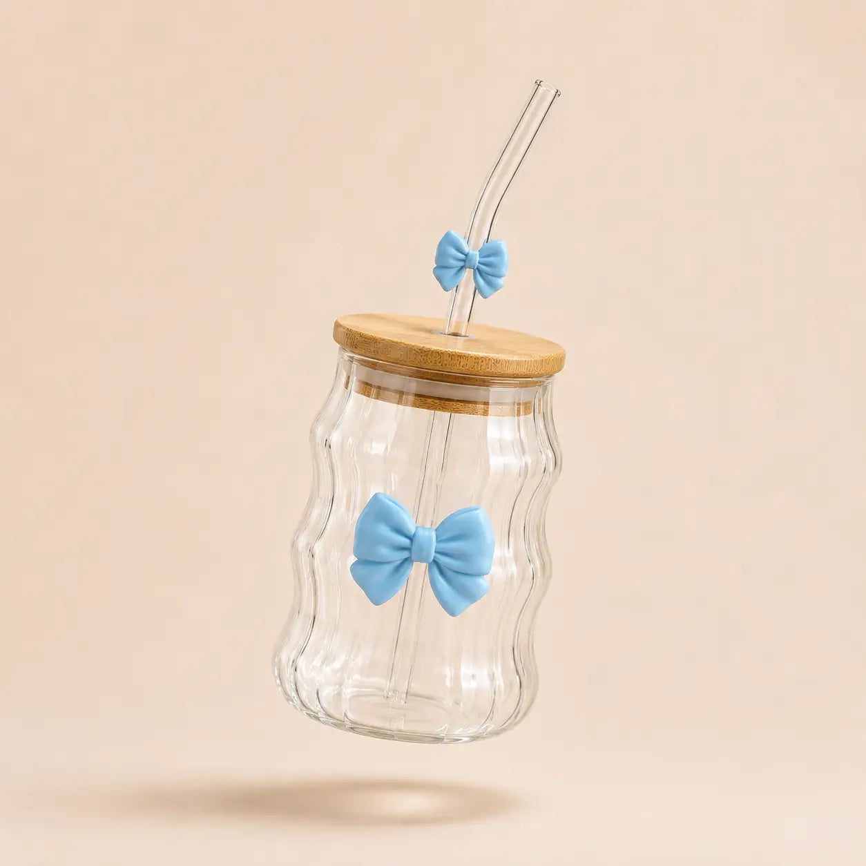 Bowknot Wavy Glass Tumbler with Bamboo Lid & Glass Straw – 450ml