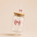 Bowknot Wavy Glass Tumbler with Bamboo Lid & Glass Straw – 450ml