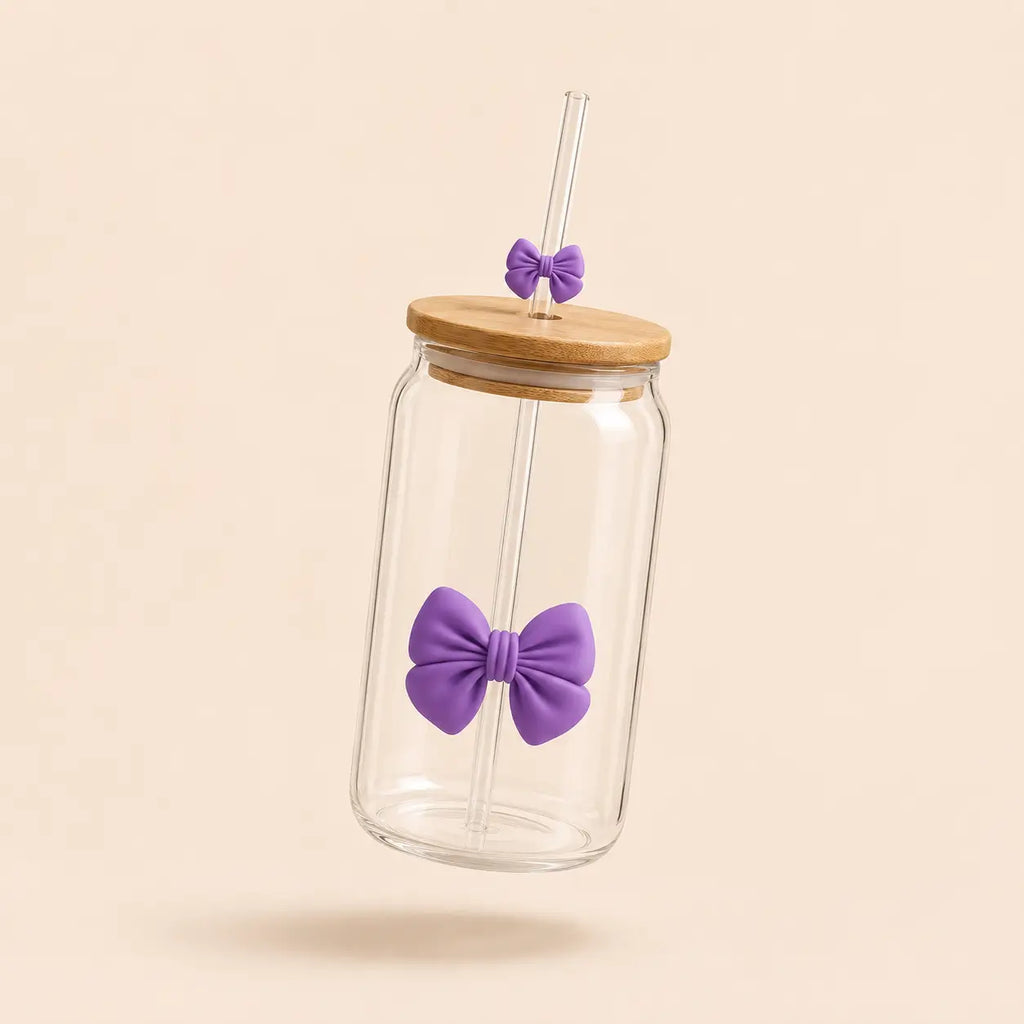 Coquette Bow Glass Cup with Bamboo Lid & Glass Straw – 16oz