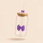 Coquette Bow Glass Cup with Bamboo Lid & Glass Straw – 16oz