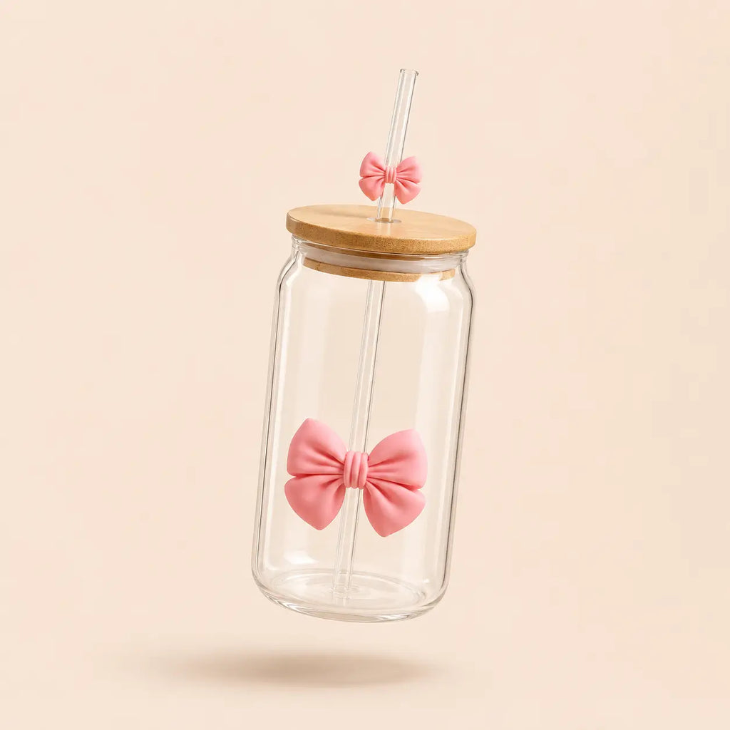 Coquette Bow Glass Cup with Bamboo Lid & Glass Straw – 16oz