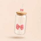 Coquette Bow Glass Cup with Bamboo Lid & Glass Straw – 16oz