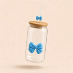 Coquette Bow Glass Cup with Bamboo Lid & Glass Straw – 16oz