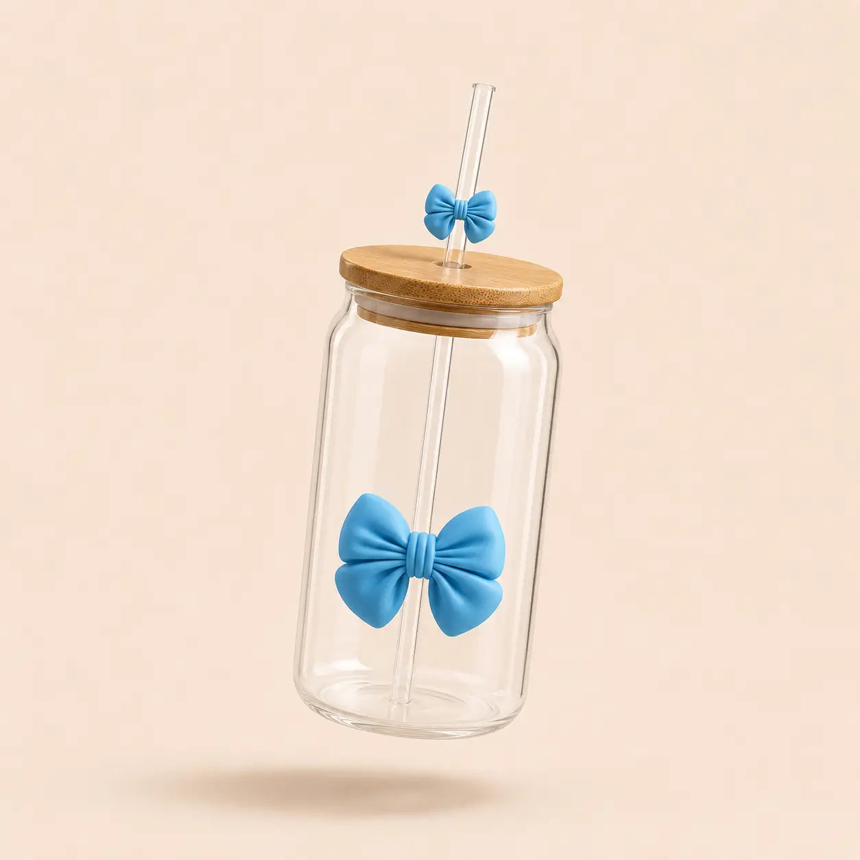 Coquette Bow Glass Cup with Bamboo Lid & Glass Straw – 16oz