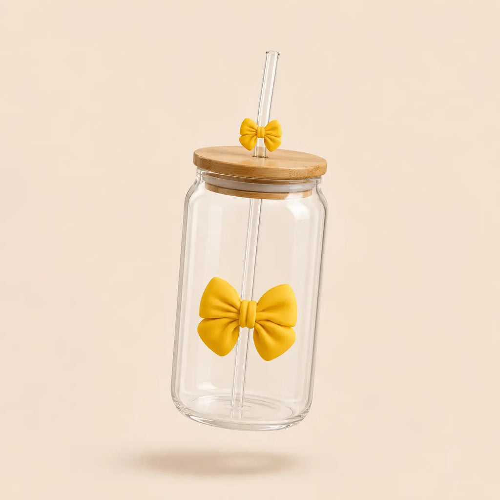 Coquette Bow Glass Cup with Bamboo Lid & Glass Straw – 16oz