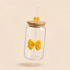 Coquette Bow Glass Cup with Bamboo Lid & Glass Straw – 16oz