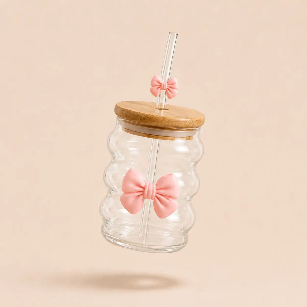 Wavy Bow Glass Tumbler with Bamboo Lid & Glass Straw