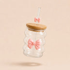Wavy Bow Glass Tumbler with Bamboo Lid & Glass Straw