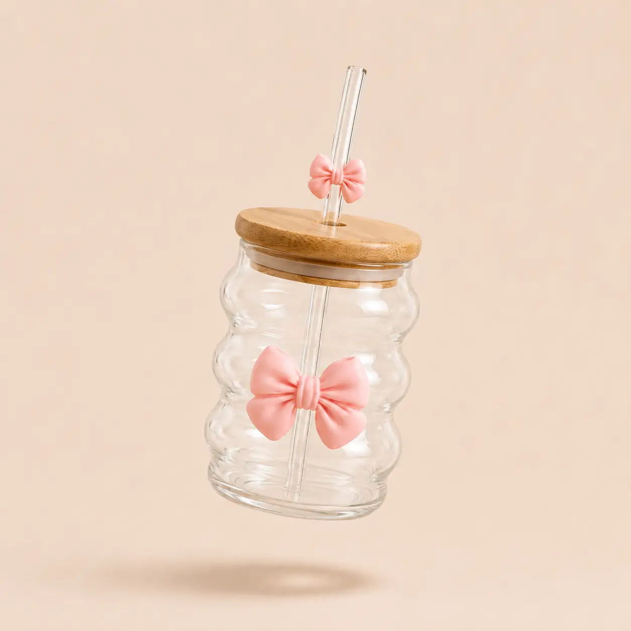 Wavy Bow Glass Tumbler with Bamboo Lid & Glass Straw