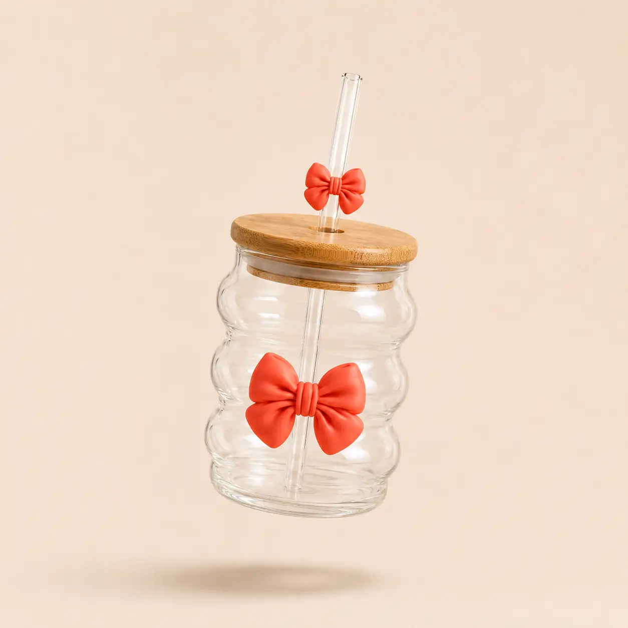 Wavy Bow Glass Tumbler with Bamboo Lid & Glass Straw