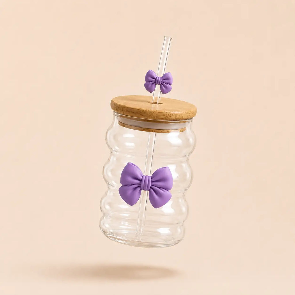 Wavy Bow Glass Tumbler with Bamboo Lid & Glass Straw