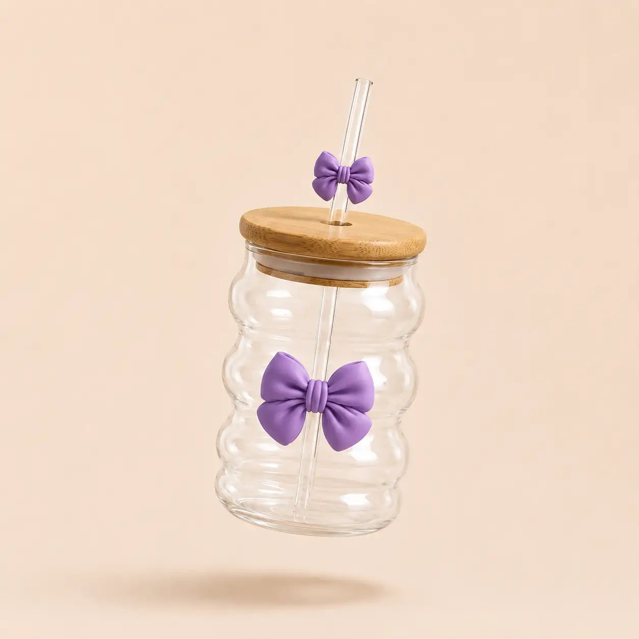 Wavy Bow Glass Tumbler with Bamboo Lid & Glass Straw