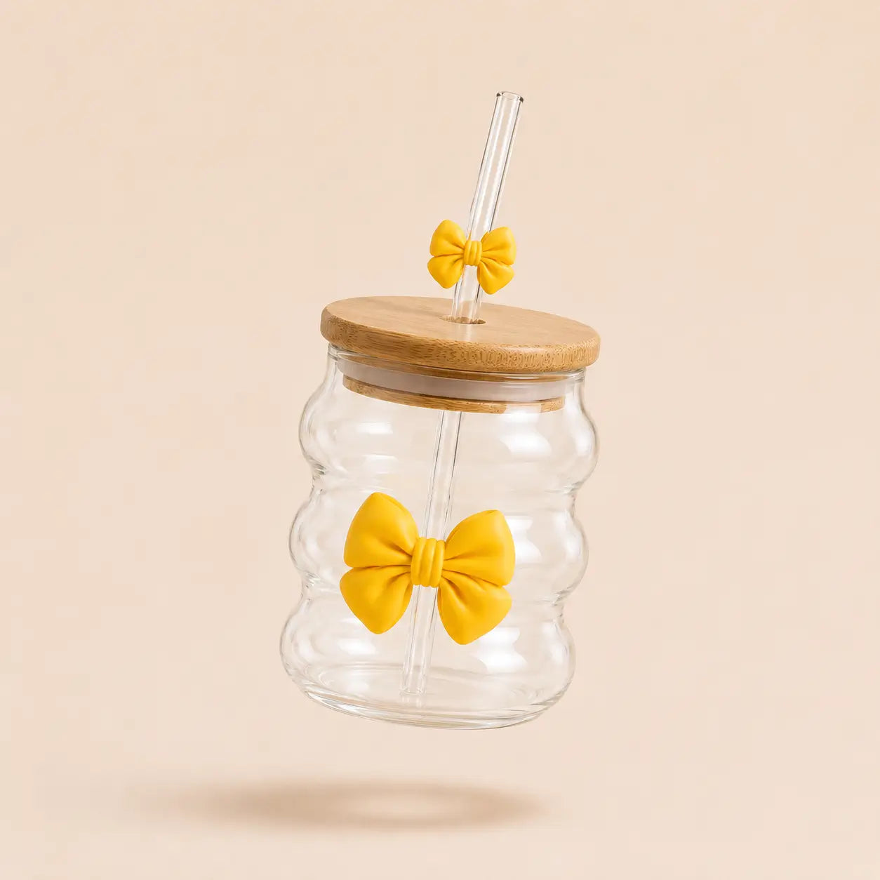 Wavy Bow Glass Tumbler with Bamboo Lid & Glass Straw