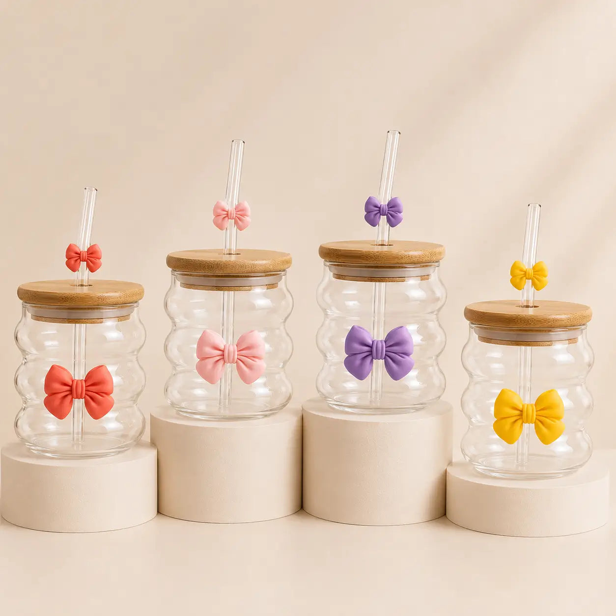 Wavy Bow Glass Tumbler with Bamboo Lid & Glass Straw