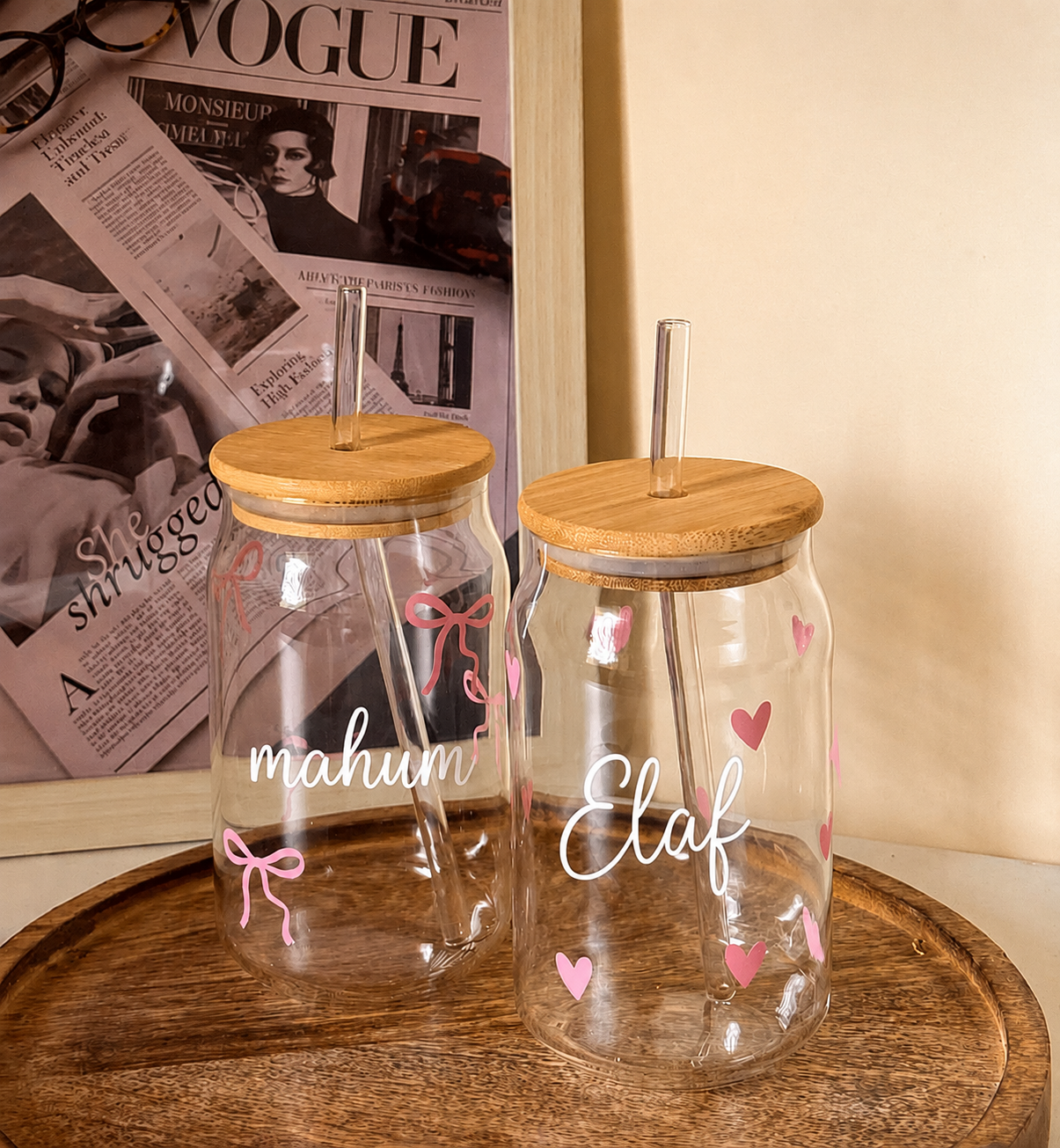 Personalized Glass Can Cup with Bamboo Lid & Glass Straw – Custom Name & Design