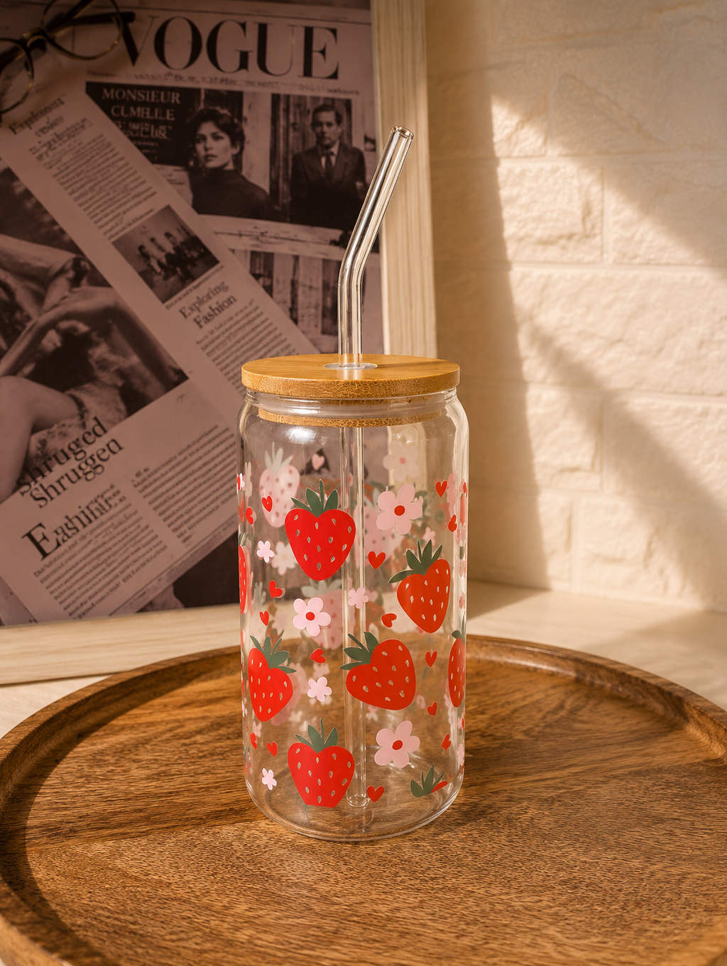 Custom Aesthetic Glass Can Cup with Bamboo Lid & Glass Straw