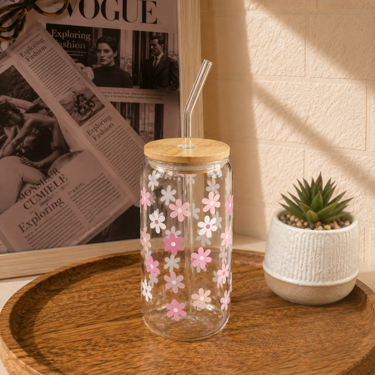 Custom Aesthetic Glass Can Cup with Bamboo Lid & Glass Straw