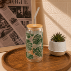 Custom Aesthetic Glass Can Cup with Bamboo Lid & Glass Straw