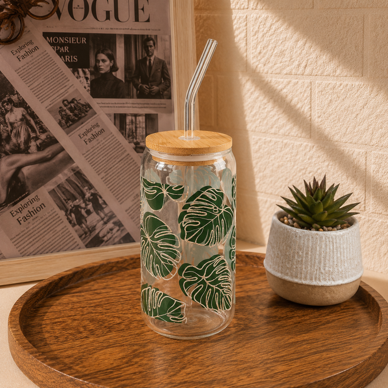 Custom Aesthetic Glass Can Cup with Bamboo Lid & Glass Straw
