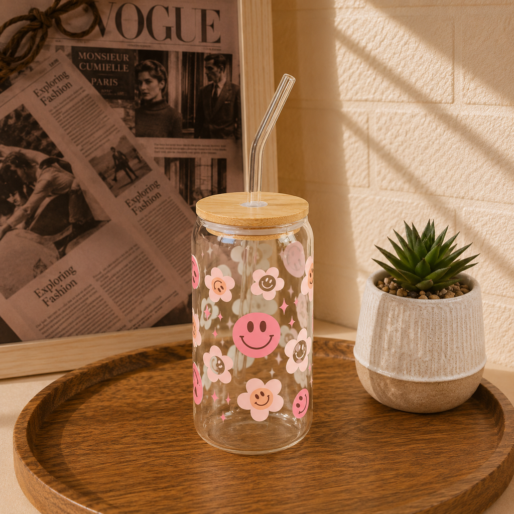 Custom Aesthetic Glass Can Cup with Bamboo Lid & Glass Straw