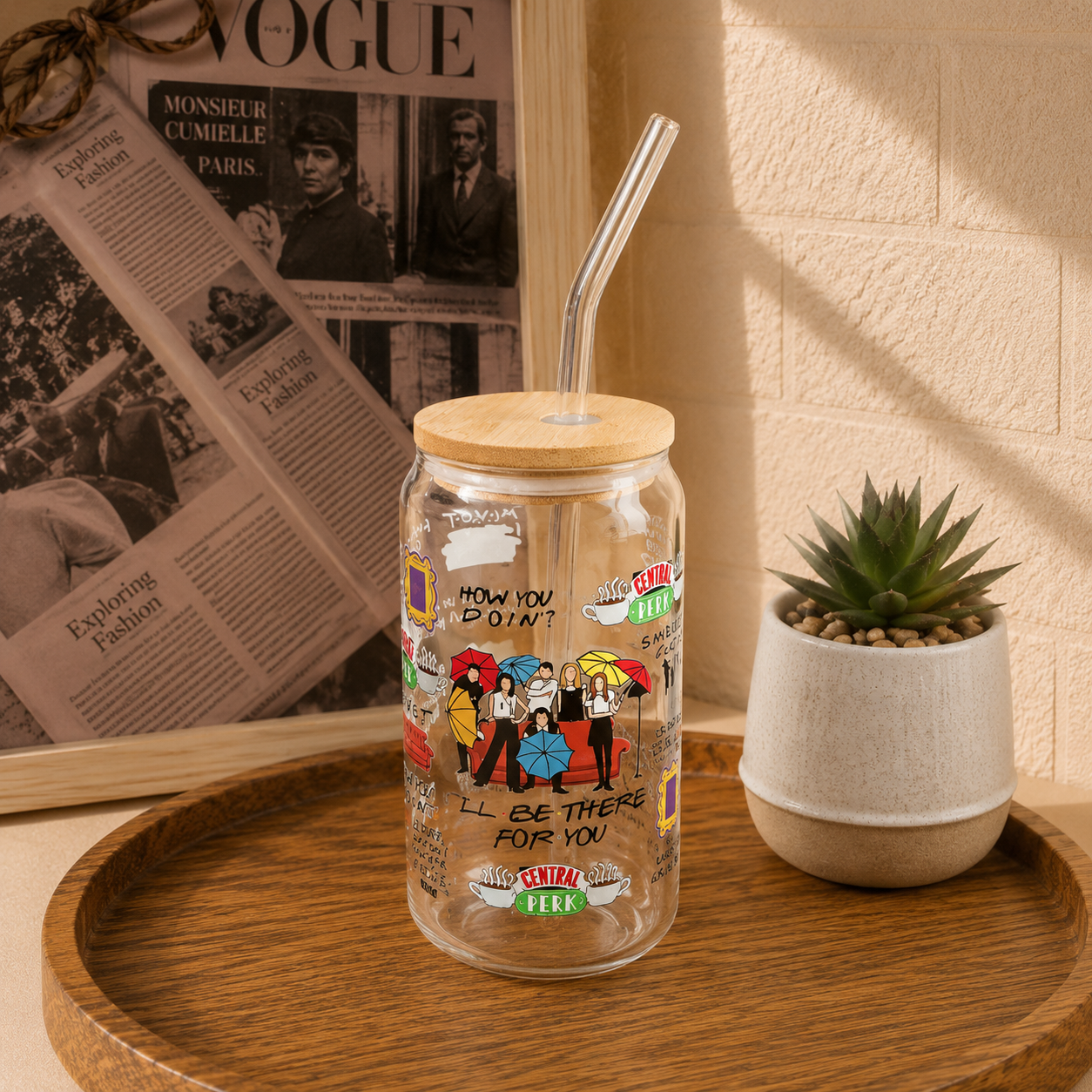 Custom Aesthetic Glass Can Cup with Bamboo Lid & Glass Straw