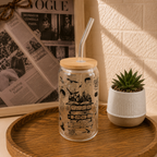 Custom Aesthetic Glass Can Cup with Bamboo Lid & Glass Straw