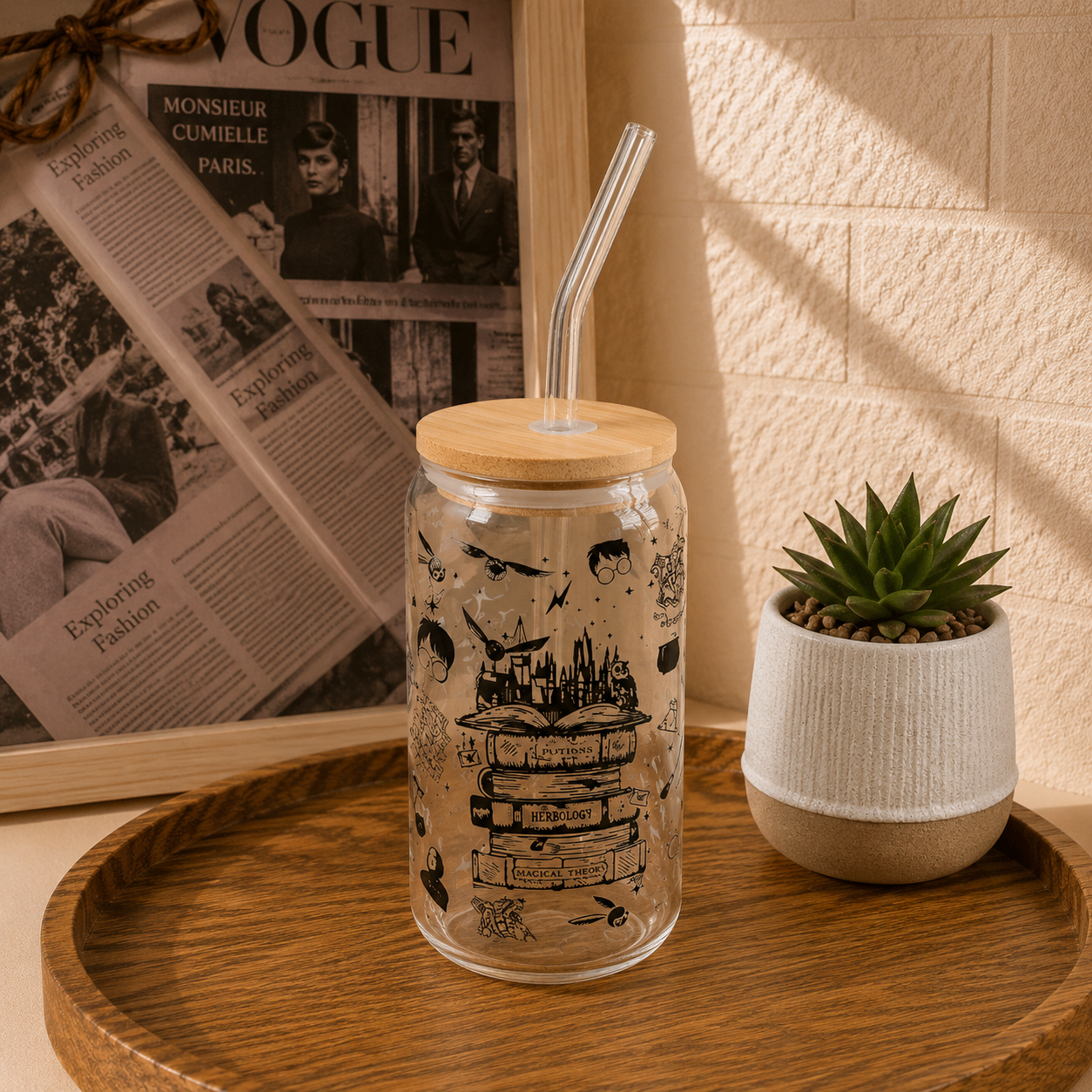 Custom Aesthetic Glass Can Cup with Bamboo Lid & Glass Straw