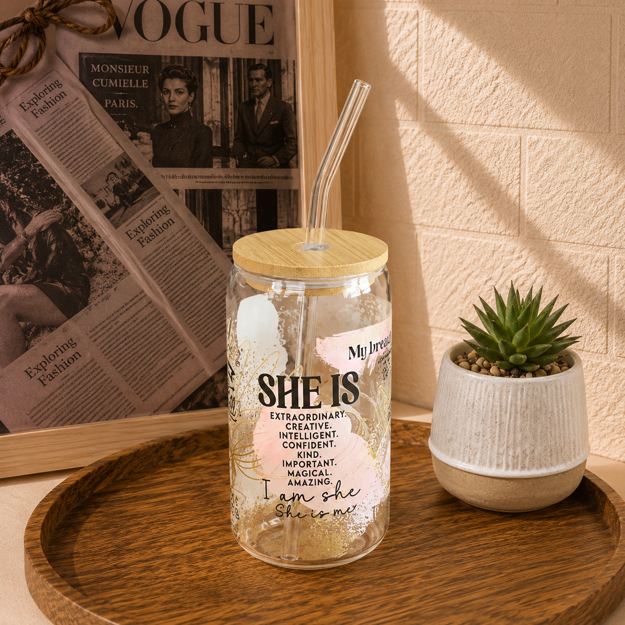 Custom Aesthetic Glass Can Cup with Bamboo Lid & Glass Straw