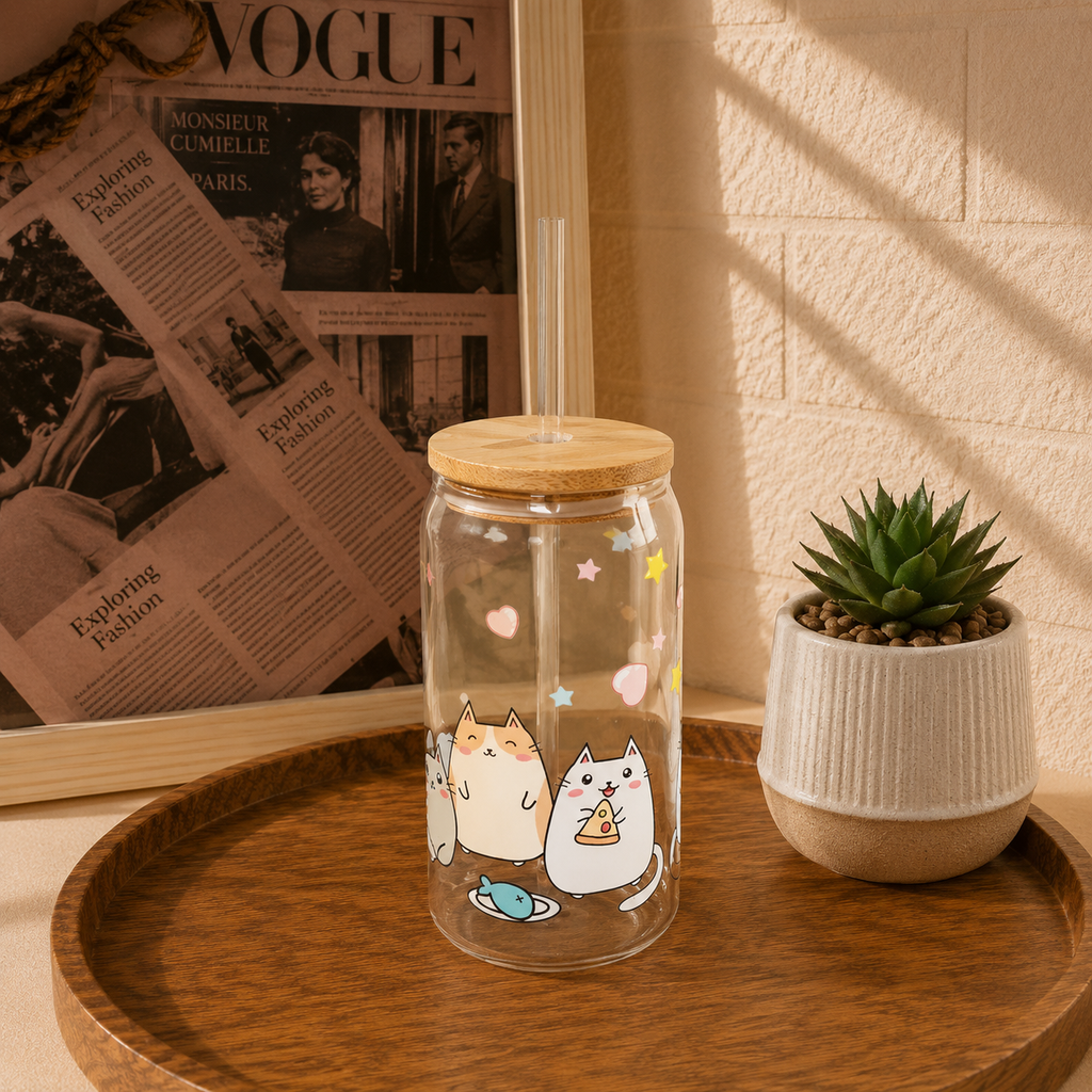 Custom Aesthetic Glass Can Cup with Bamboo Lid & Glass Straw