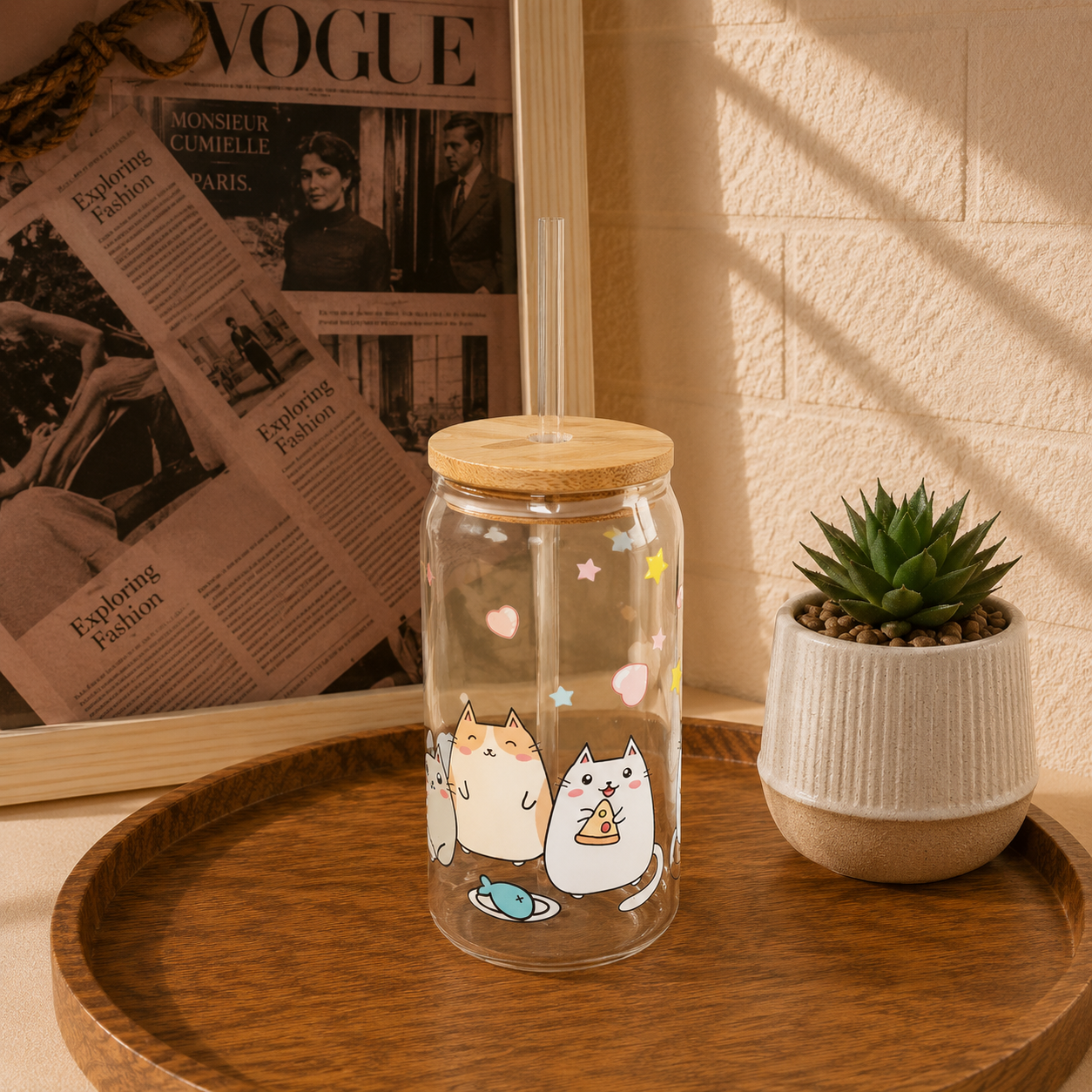Custom Aesthetic Glass Can Cup with Bamboo Lid & Glass Straw