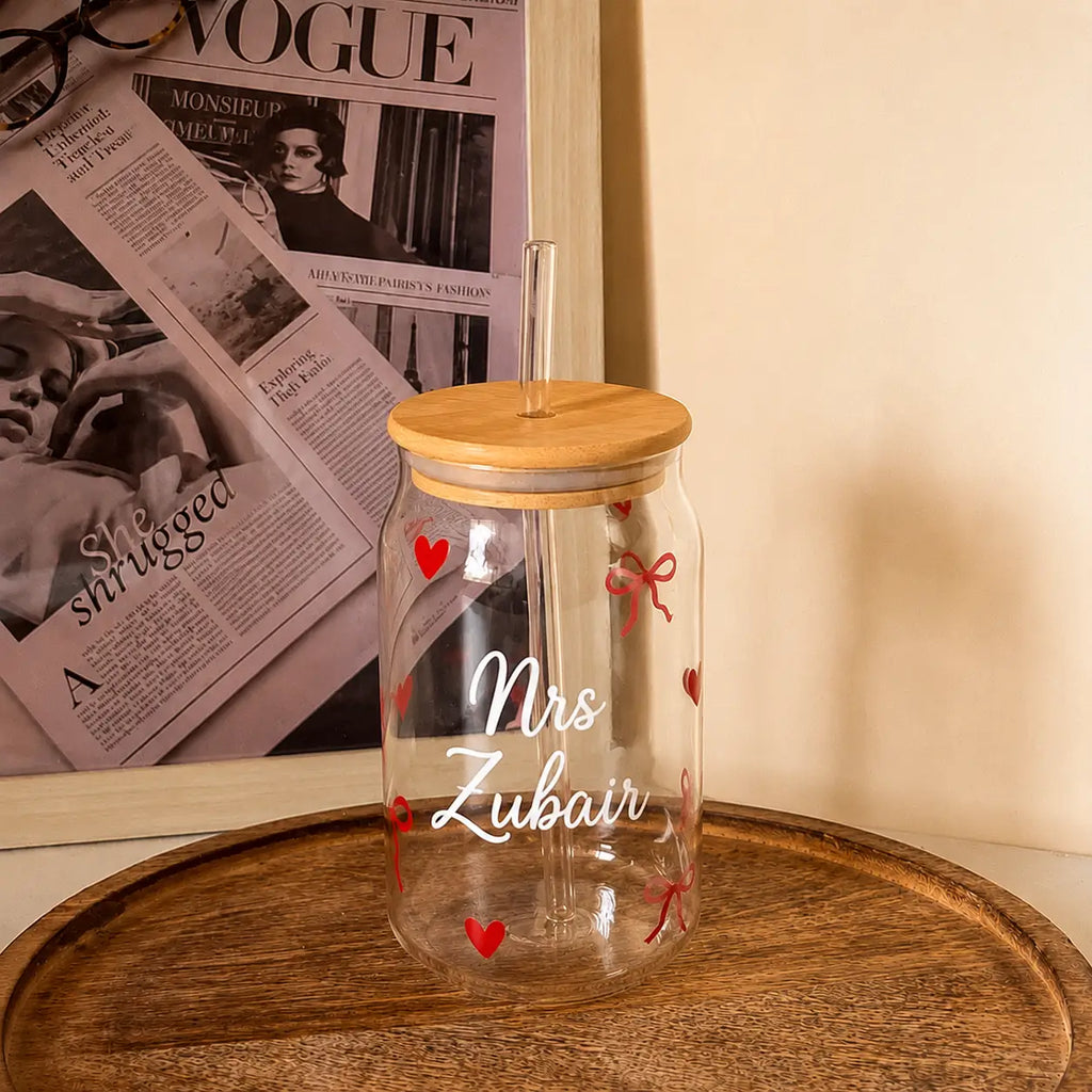 Personalized Glass Can Cup with Bamboo Lid & Glass Straw – Custom Name & Design