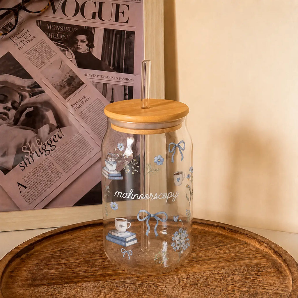 Personalized Glass Can Cup with Bamboo Lid & Glass Straw – Custom Name & Design