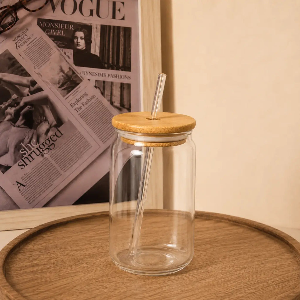 Custom Aesthetic Glass Can Cup with Bamboo Lid & Glass Straw
