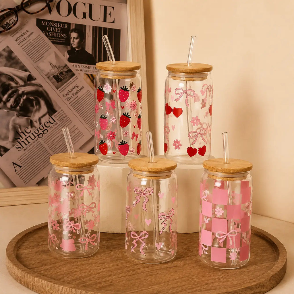 Custom Aesthetic Glass Can Cup with Bamboo Lid & Glass Straw