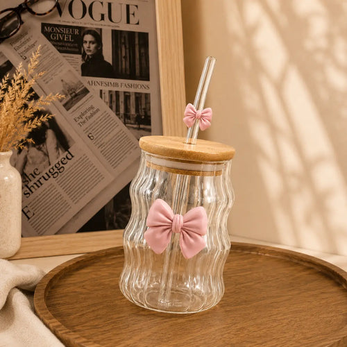 Bowknot Wavy Glass Cup with Bamboo Lid & Glass Straw – 450ml