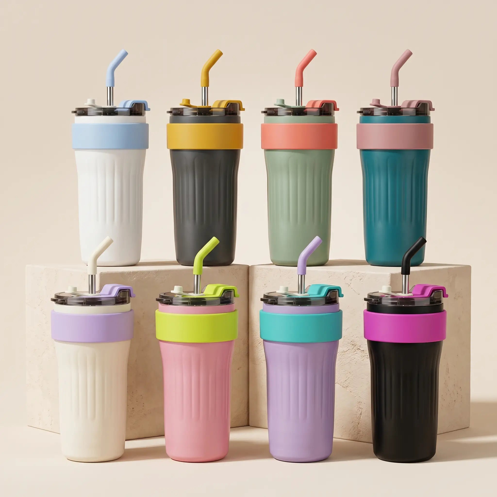 600ml Stainless Steel Vacuum Insulated Travel Mug with Straw & Handle