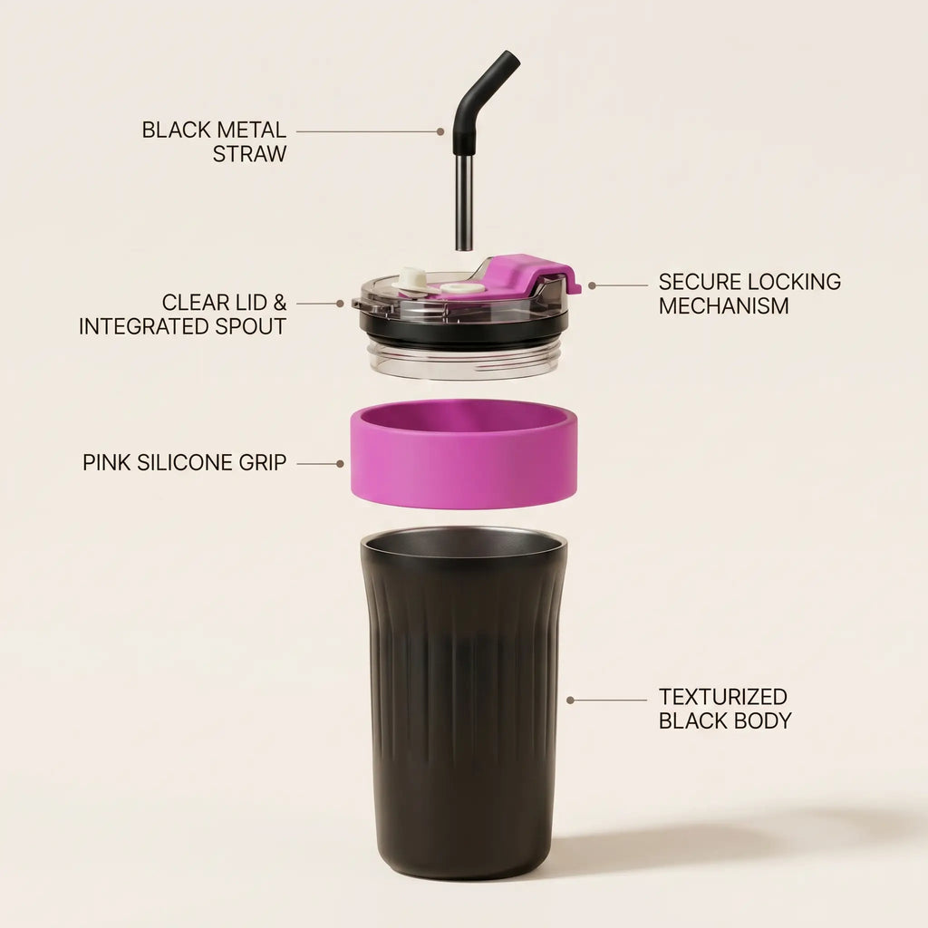 600ml Stainless Steel Vacuum Insulated Travel Mug with Straw & Handle